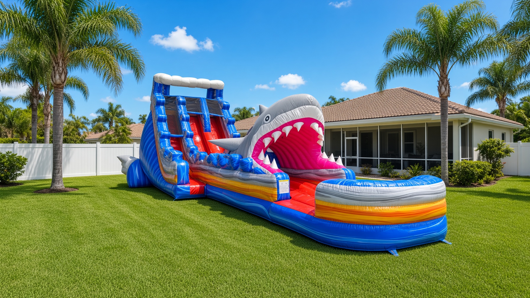 Shark-themed combo bounce house with slide — party rental delivered in Buckingham, FL