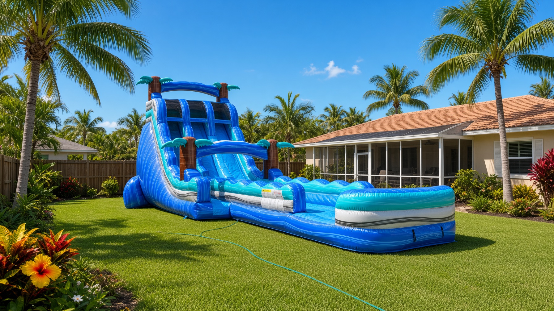 Blue Crush dual lane water slide with splash pool — party rental delivered in Three Oaks, FL