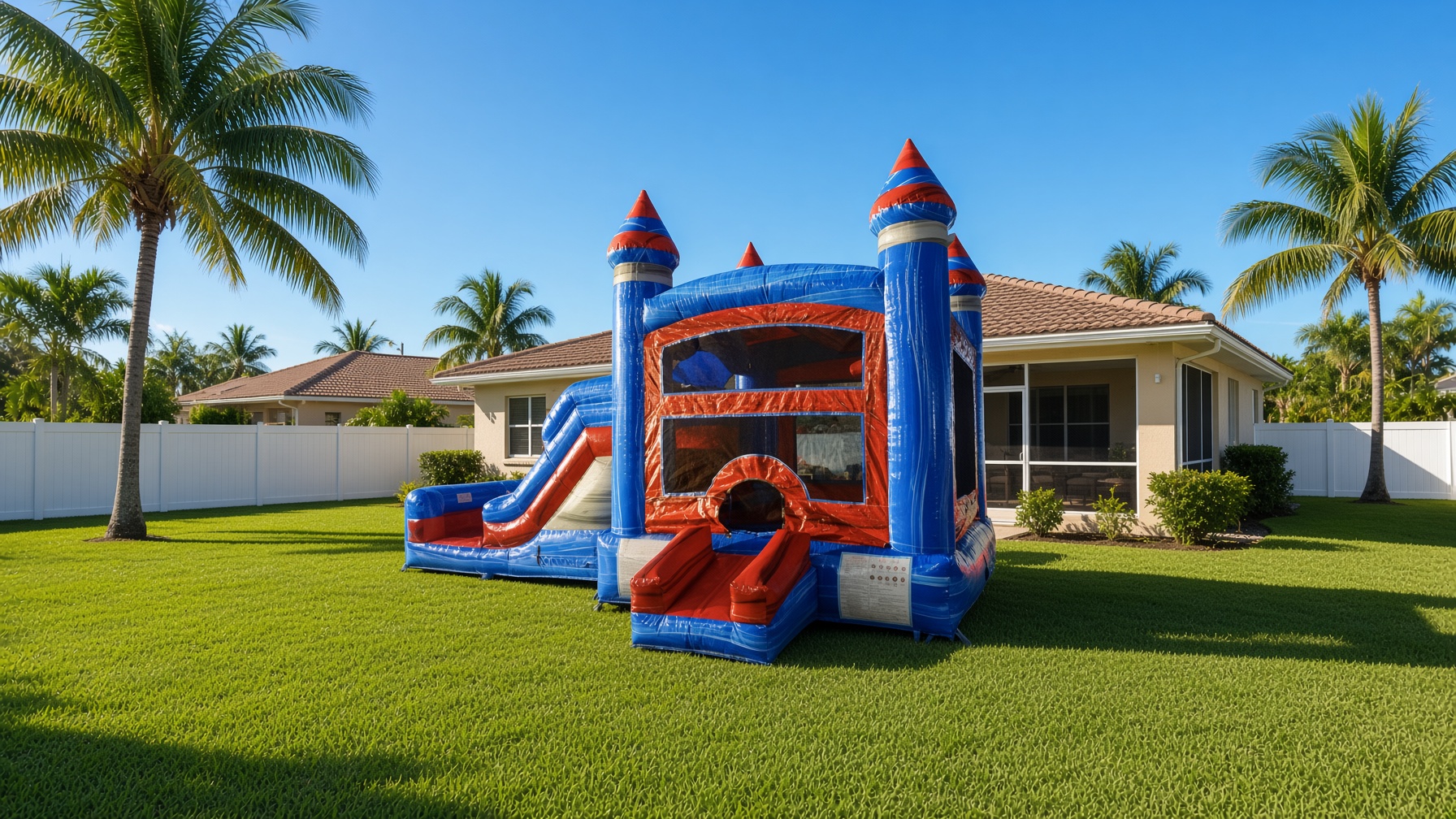 Red and blue marble combo bounce house with slide — party rental delivered in North Fort Myers, FL