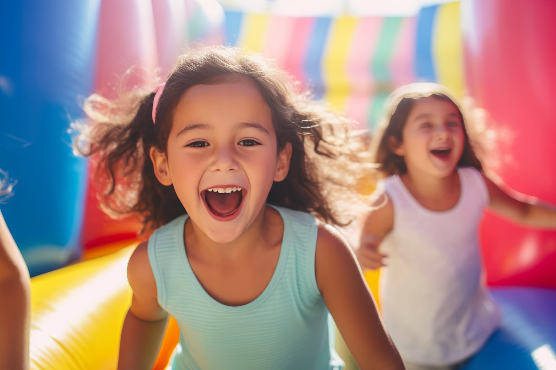 Smiling children playing inside a colorful bounce house — party rental delivered in Buckingham, FL