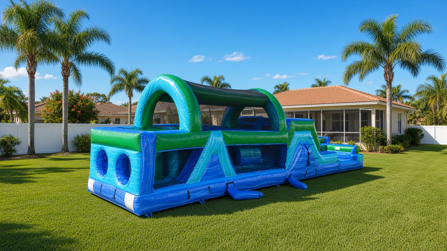 Blue and green inflatable obstacle course — party rental delivered in Clewiston, FL