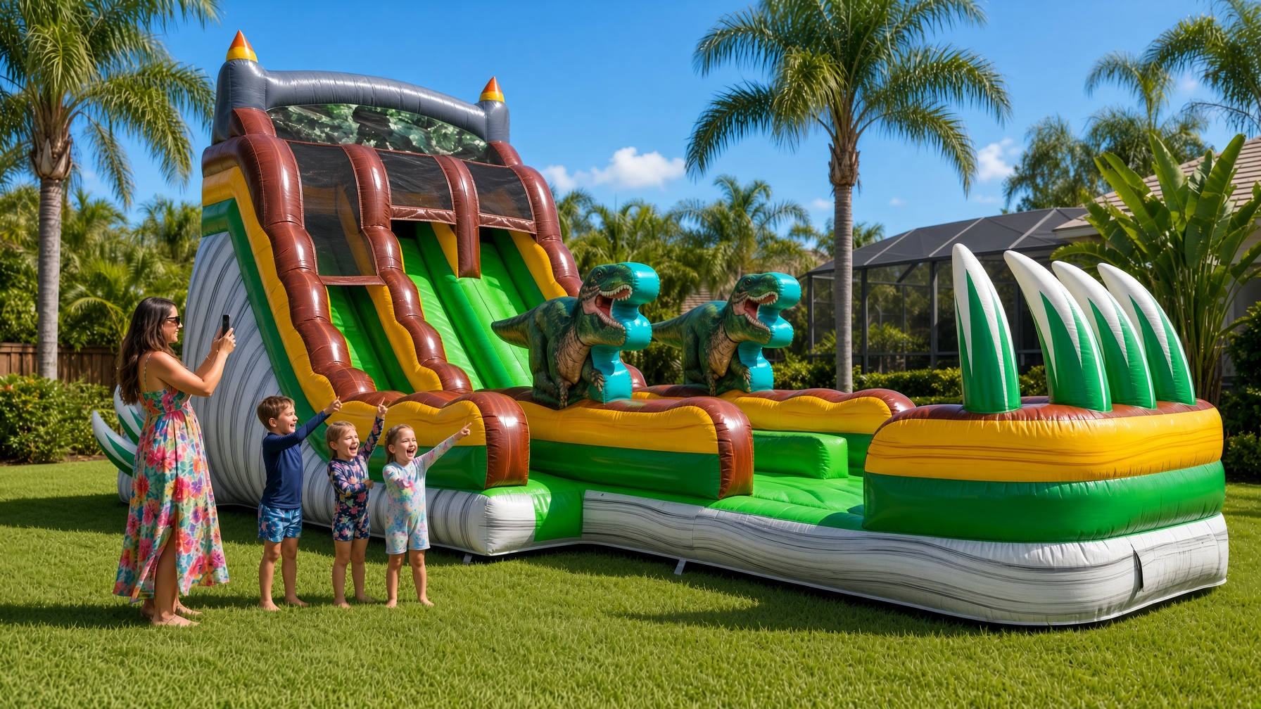 18ft Jurassic Splash dual lane water slide with dinosaur theme — party rental delivered in Lehigh Acres, FL