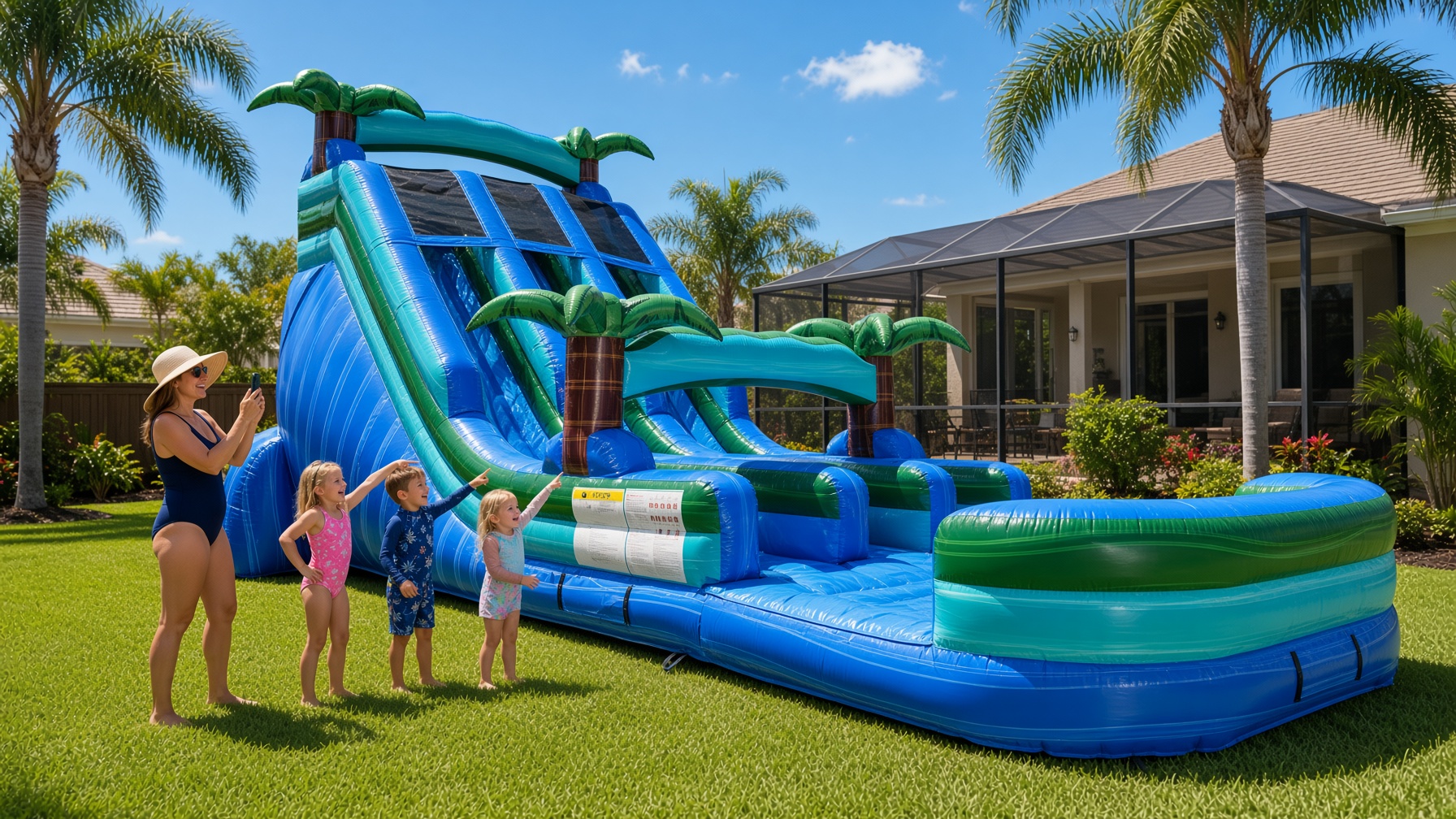 Tropical palm dual lane water slide with splash pool — party rental delivered in Fort Myers Beach, FL