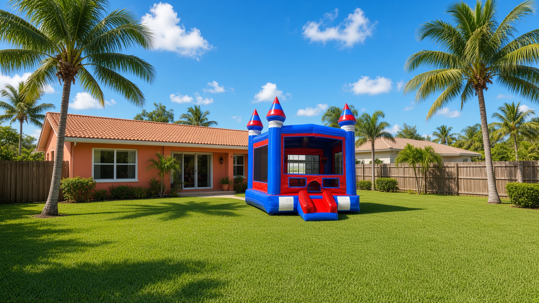 Red and blue castle bounce house set up on grass — party rental delivered in San Carlos Park, FL