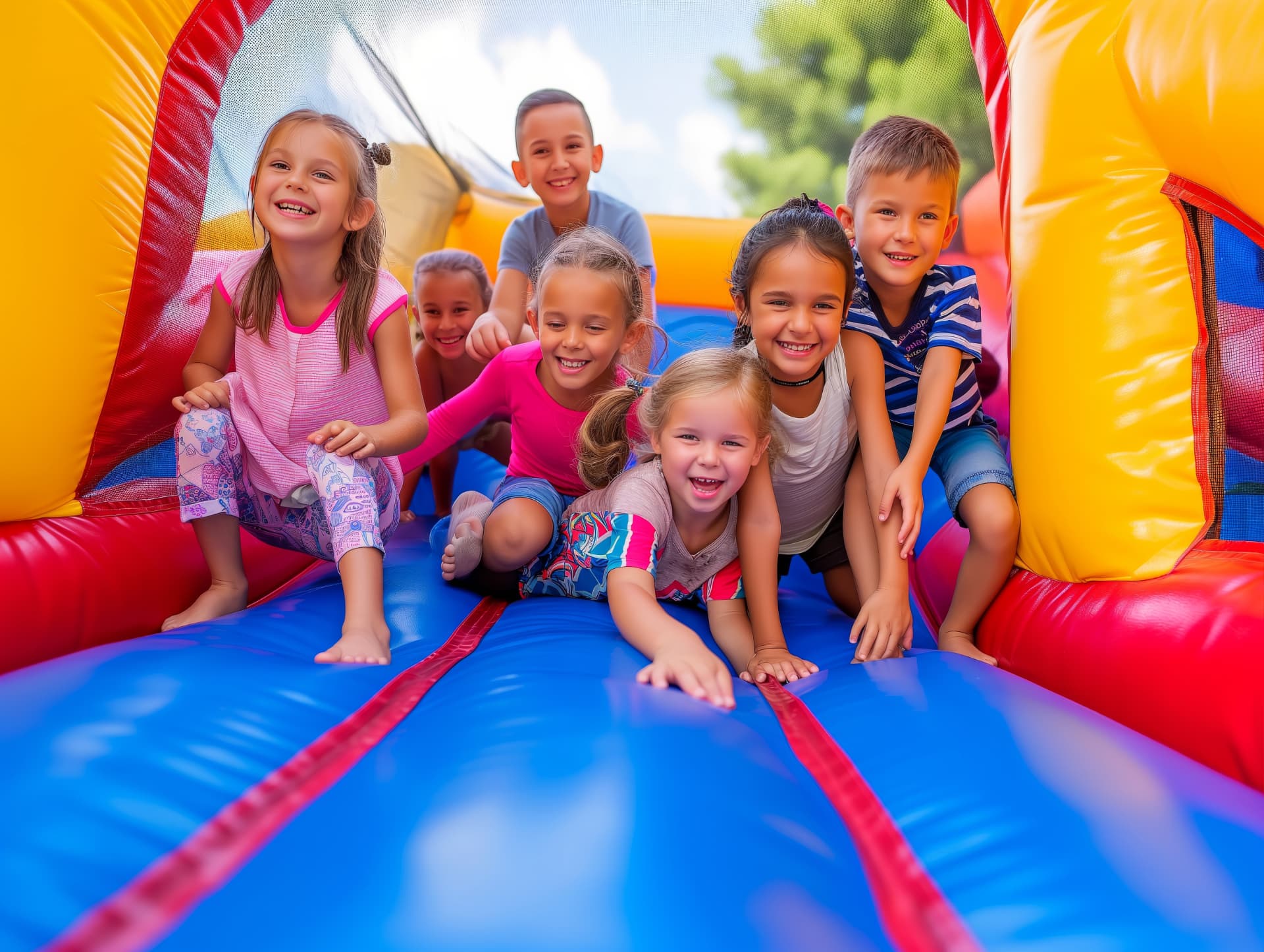 Group of children enjoying a colorful obstacle inflatable — party rental delivered in Alva, FL