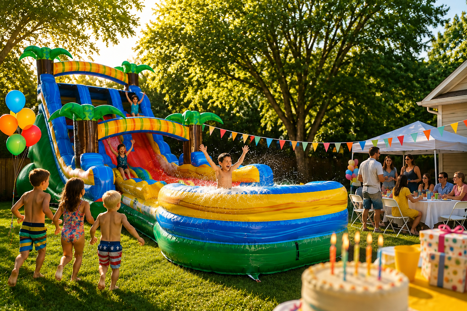 Backyard water slide party with a colorful inflatable — party rental delivered in Felda, FL