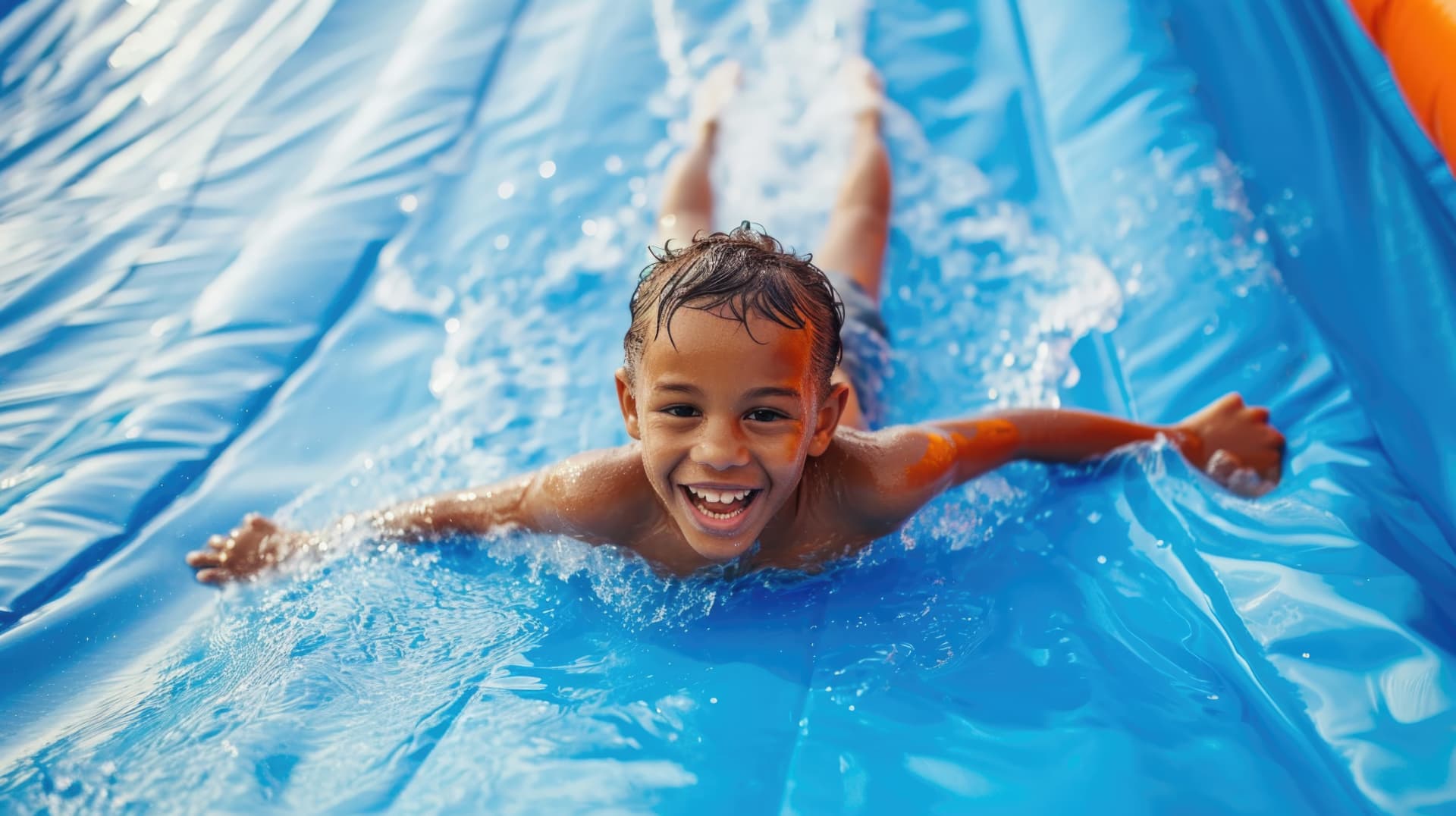 Child splashing down a bright blue water slide — party rental delivered in Alva, FL