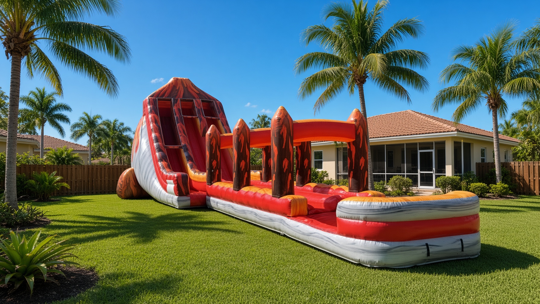 Volcano water slide with slip and slide lane — party rental delivered in Naples, FL