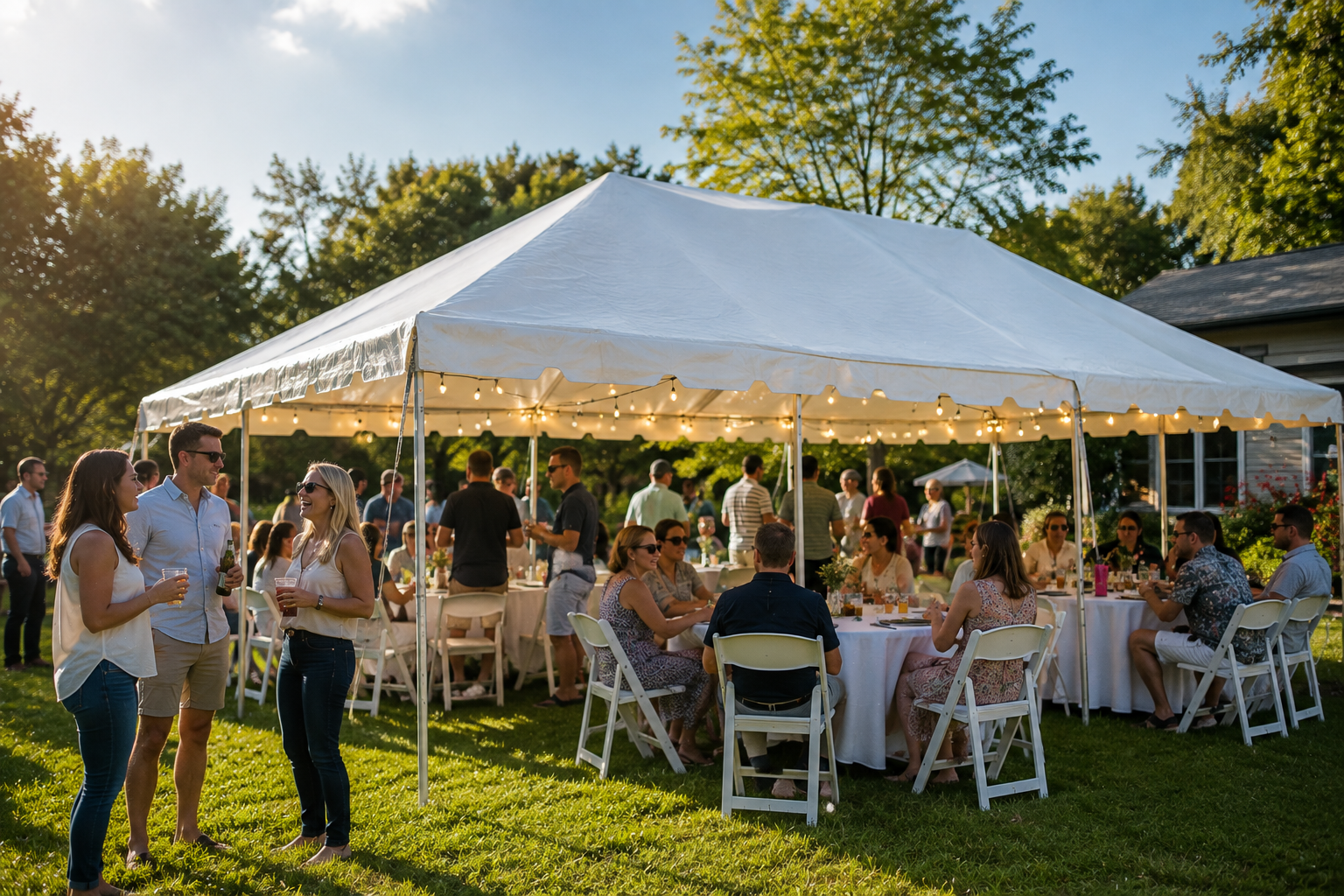 Tent party setup with tables and chairs outdoors — party rental delivered in Gateway, FL