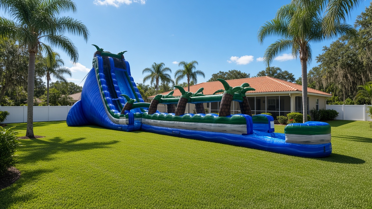 Tropical long slip and slide inflatable — party rental delivered in Pine Island, FL