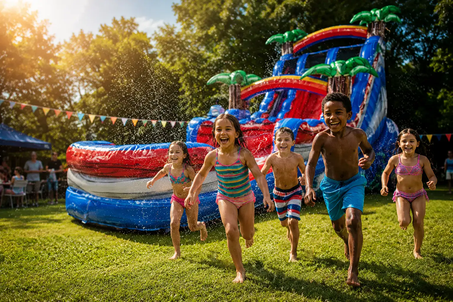 Colorful bounce house and water slide set up on a sunny backyard lawn by the Vargas Rentals crew in Fort Myers, FL