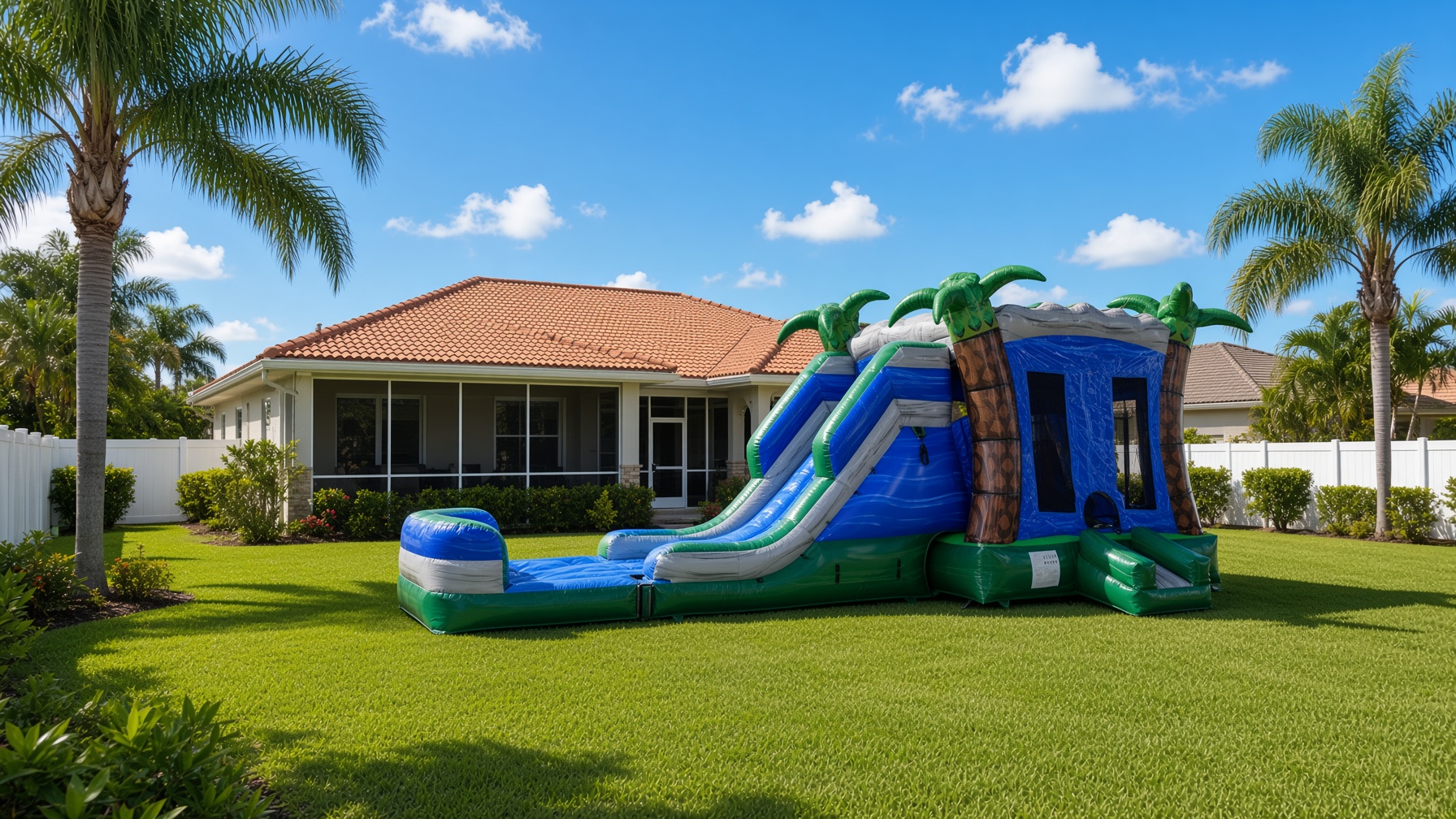 Tropical combo bounce house with wet slide on a green lawn — party rental delivered in Clewiston, FL
