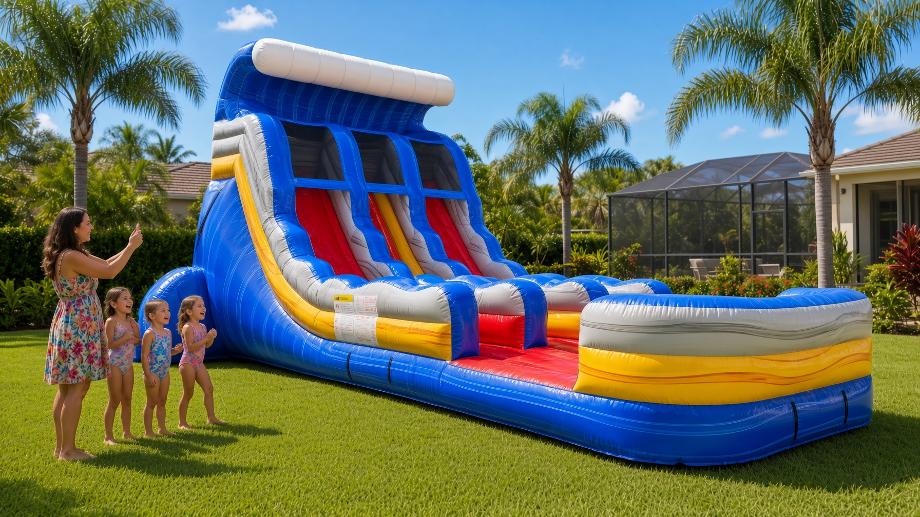 17ft Rip Curl dual lane water slide set up in a backyard — party rental delivered in Babcock Ranch, FL