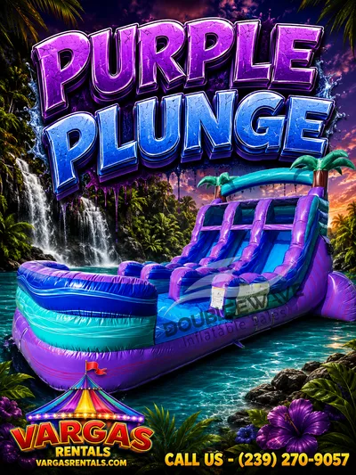 17' Purple Plunge Dual Lane Center Climb delivered and set up on a backyard lawn for a party in Fort Myers, FL
