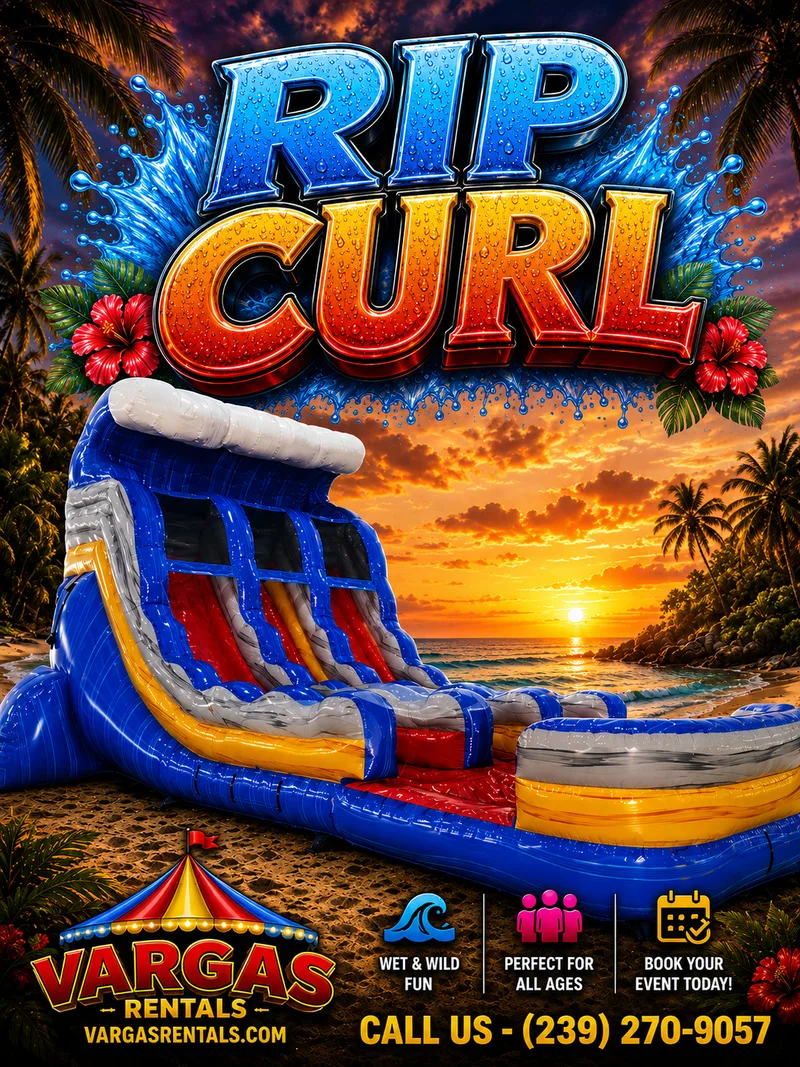 17' Rip Curl Dual Lane Center Climb delivered and set up on a backyard lawn for a party in Fort Myers, FL