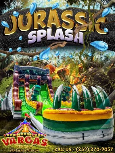 18' Jurassic Splash Dual Lane delivered and set up on a backyard lawn for a party in Fort Myers, FL