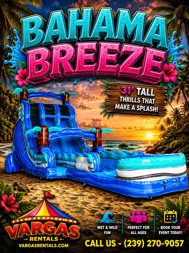 20' Bahama Breeze Dual Lane Center Climb delivered and set up on a backyard lawn for a party in Fort Myers, FL