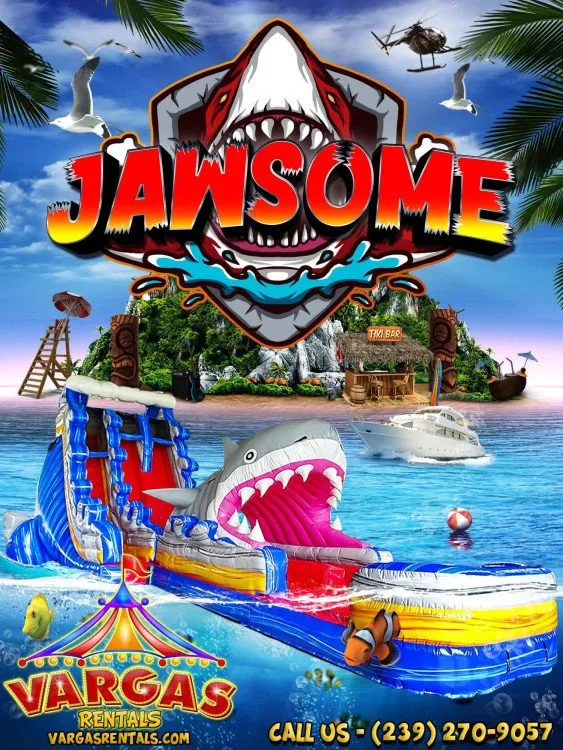 24' Jawsome Dual Lane w/ Slip n Slide Attachment delivered and set up on a backyard lawn for a party in Fort Myers, FL
