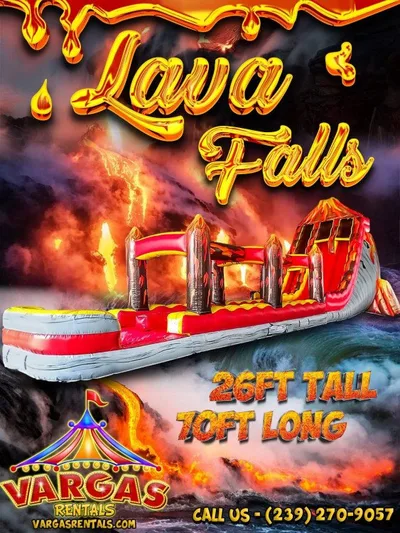 26' Lava Falls Dual Lane w/ Slip n Slide Attachment delivered and set up on a backyard lawn for a party in Fort Myers, FL