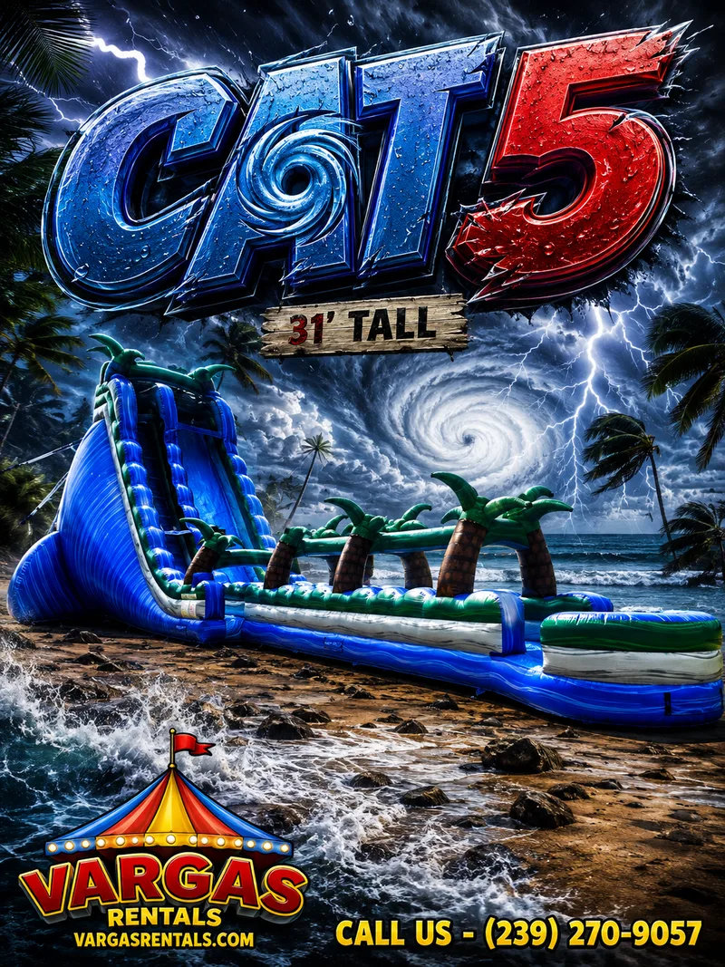 31' CAT 5 Single Lane w/ Slip n Slide Attachment delivered and set up on a backyard lawn for a party in Fort Myers, FL