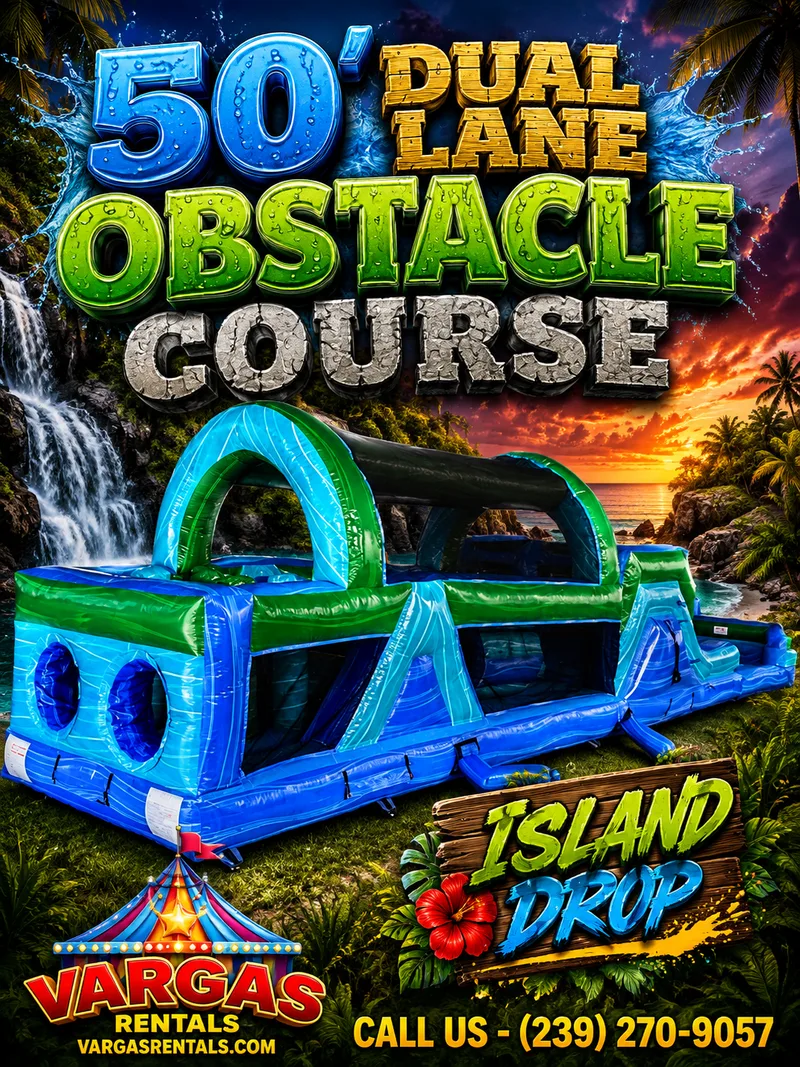 50' Island Drop Dual Lane Obstacle Course delivered and set up on a backyard lawn for a party in Fort Myers, FL