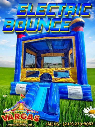 Electric Bounce House delivered and set up on a backyard lawn for a party in Fort Myers, FL